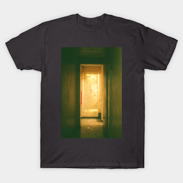 Digital collage, special processing. Room, corridor. Look from darkness to light. Yellow. Sun light. Low contrast. T-Shirt by 234TeeUser234